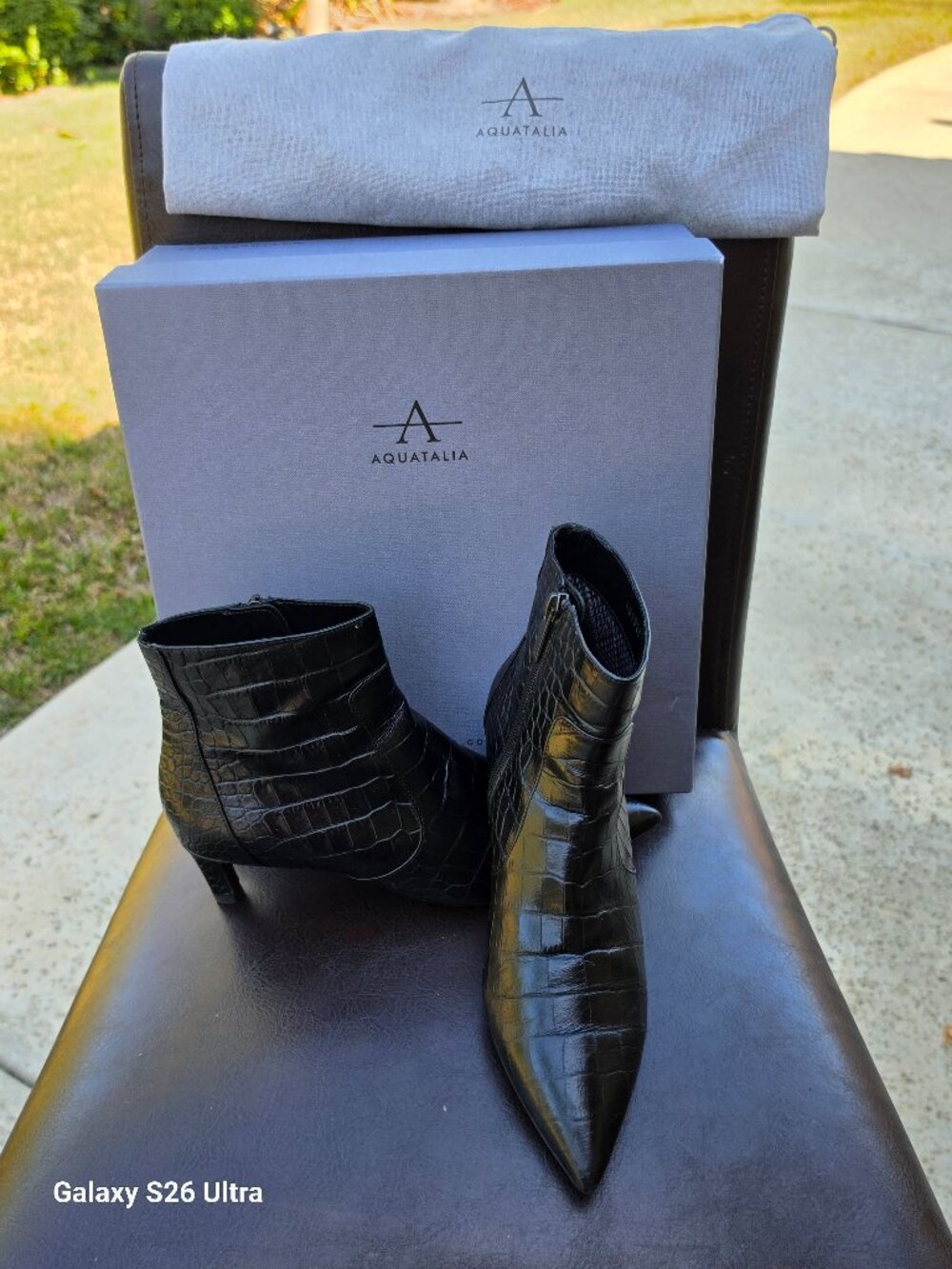 Aquatalia Marilisa Shiny Croc Weatherproof Ankle Booties - Black - Size 7.5M